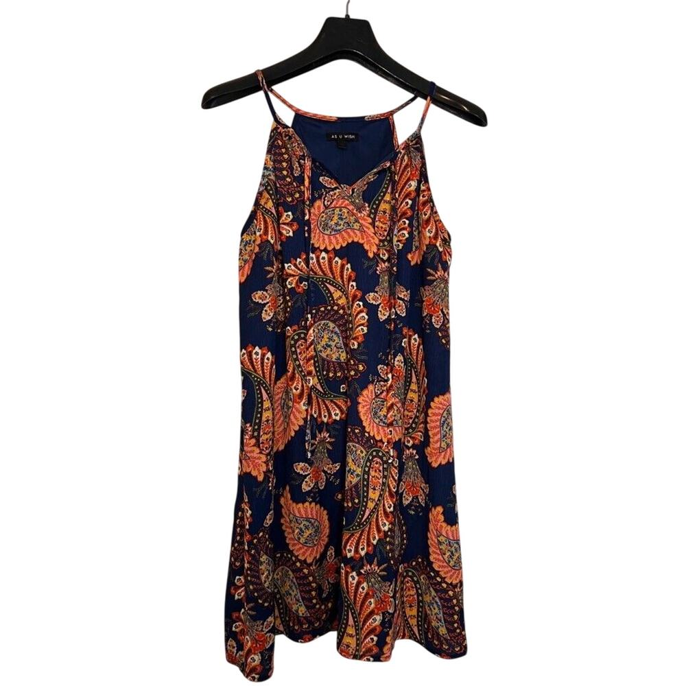 As U Wish Women Shift Dress Multicolor Paisley Lined Sleeveless Tassel Tie SMALL